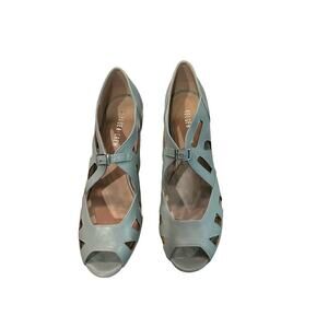 Chelsea Crew Slip-On Sandal Women's 9.5 Green Leather Buckle Peep Toe Block Heel